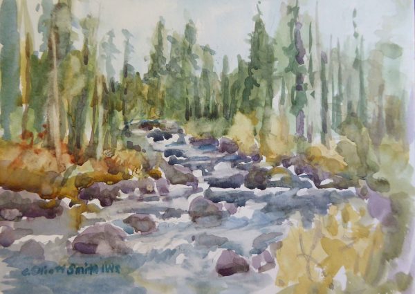 plein air watercolor of creek and trees in Sawtooth National Forest Idaho