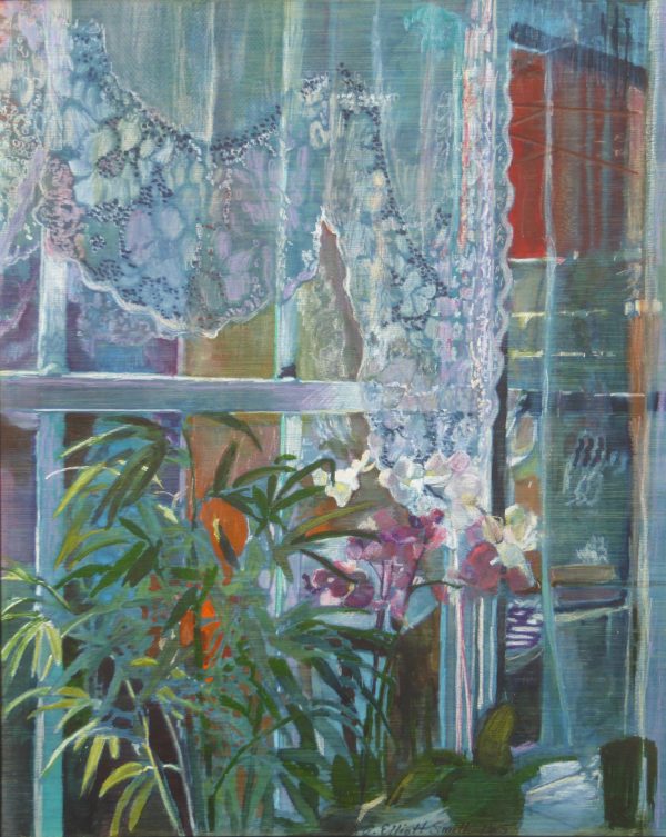 view to the inside of a window with curtains and plants